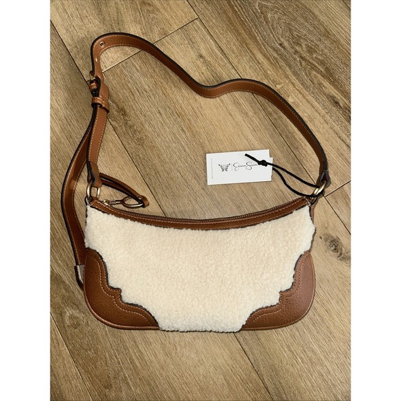 Jessica Simpson Faux Leather/Sherpa Small Shoulder‎ Bag Gold Accents NEW - Picture 1 of 12